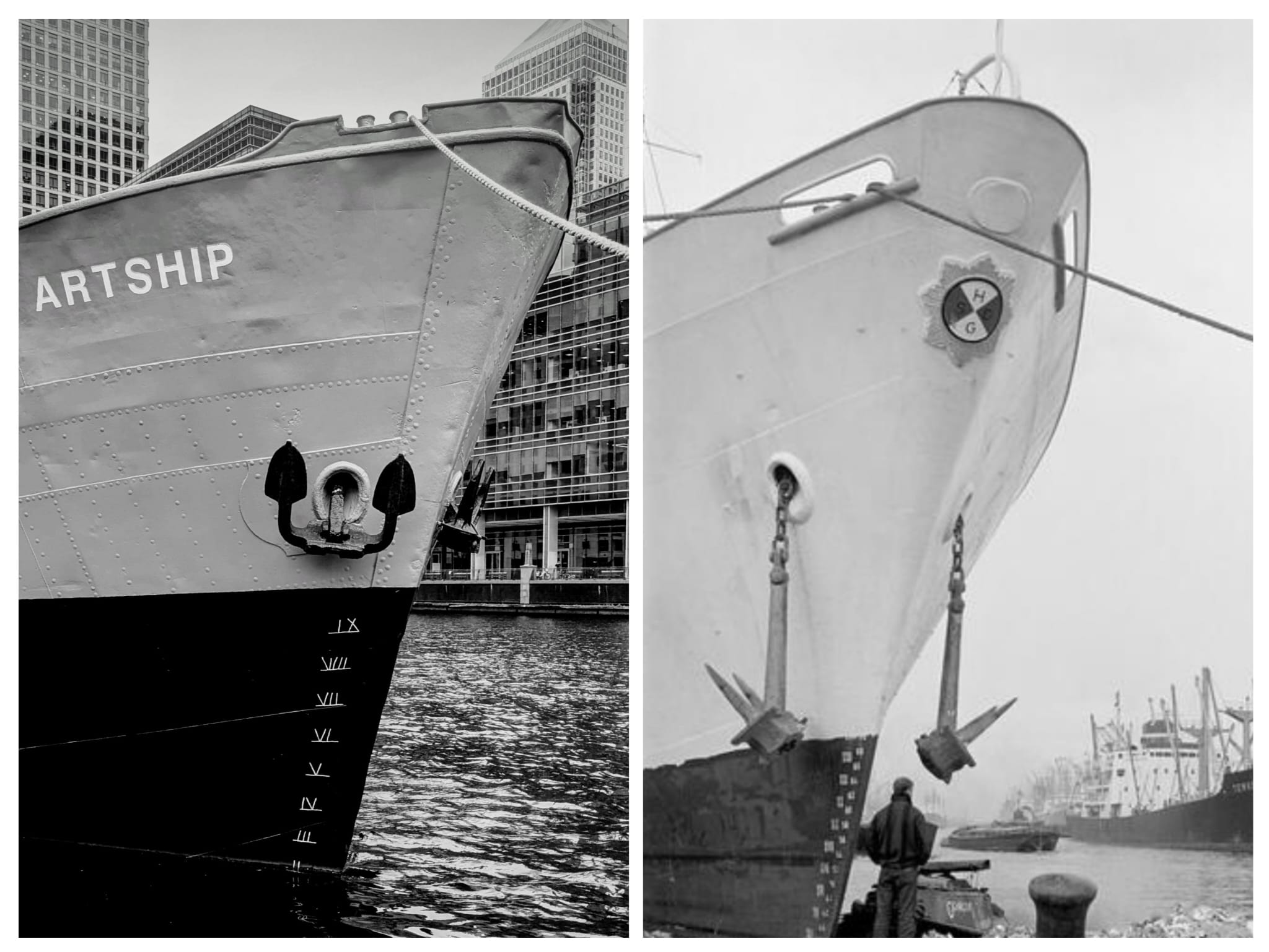 Artship in the docks by Canary Wharf, alongside an archive photo of a similar coaster in the docks in the 1950s
